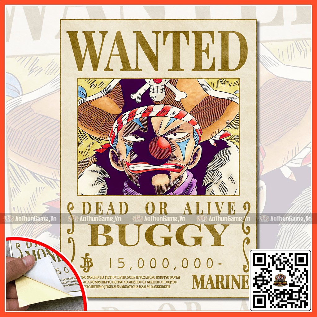 Poster One Piece Buggy / Poster  truy nã One Piece / Hình dán tường Full HD mới nhất (Shop AoThunGameVn)