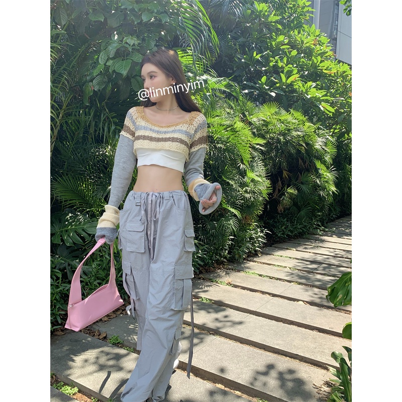 QKOOLE Áo croptop  dệt kim tay dài phong cách cổ điển Hàn Quốc cho nữ