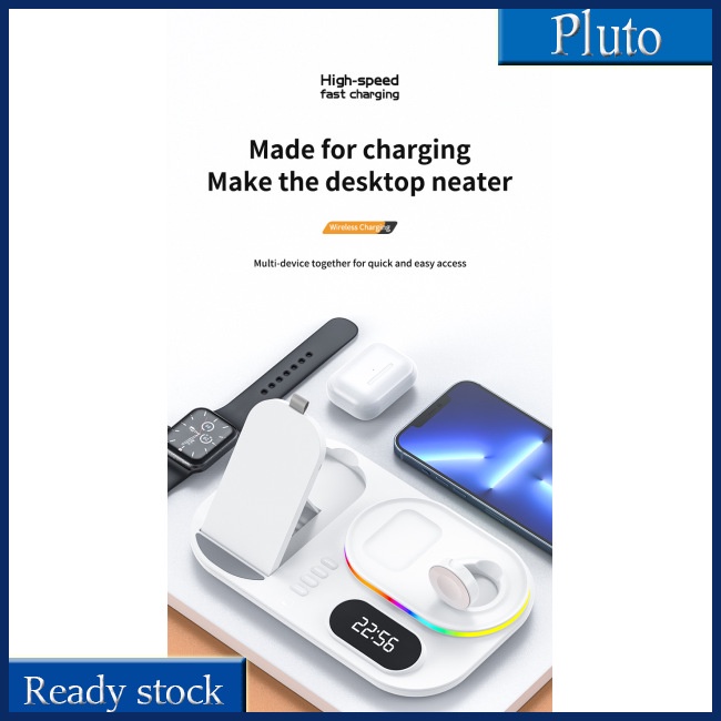 Đế Sạc Nhanh Không Dây 4 Trong 1 Kiêm Đồng Hồ Báo Thức Cho Airpods Pro Iwatch Rgb Có Đèn Led Cho Iphone