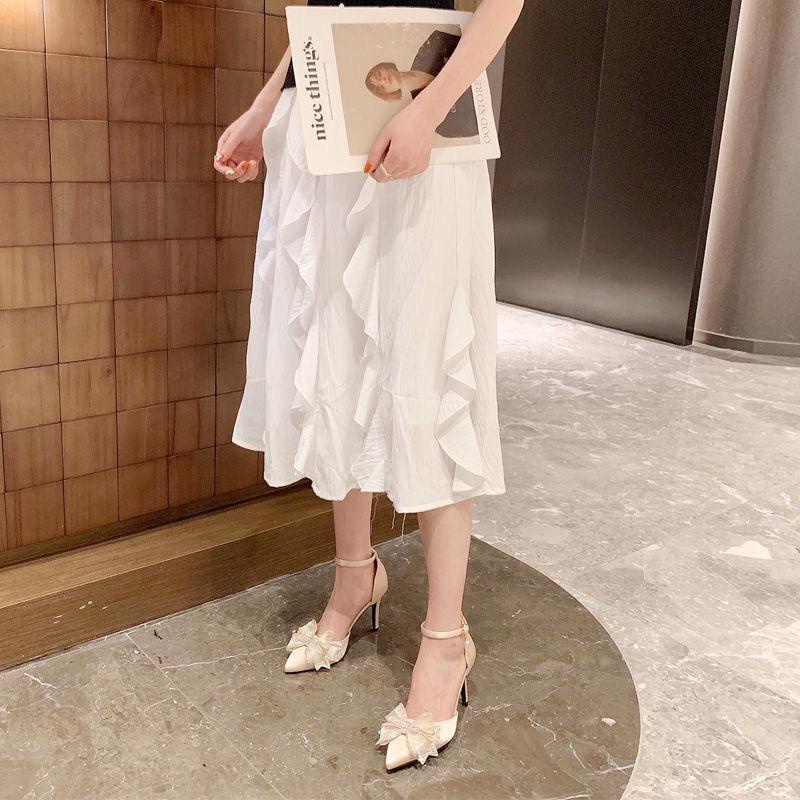 Giày cao gót mũi nhọn gắn nơ lưới đính đá hở eo có quai hậu gót nhọn cao 7p, giày cưới cô dâu mũi nhọn kiểu mới tiểu[m74