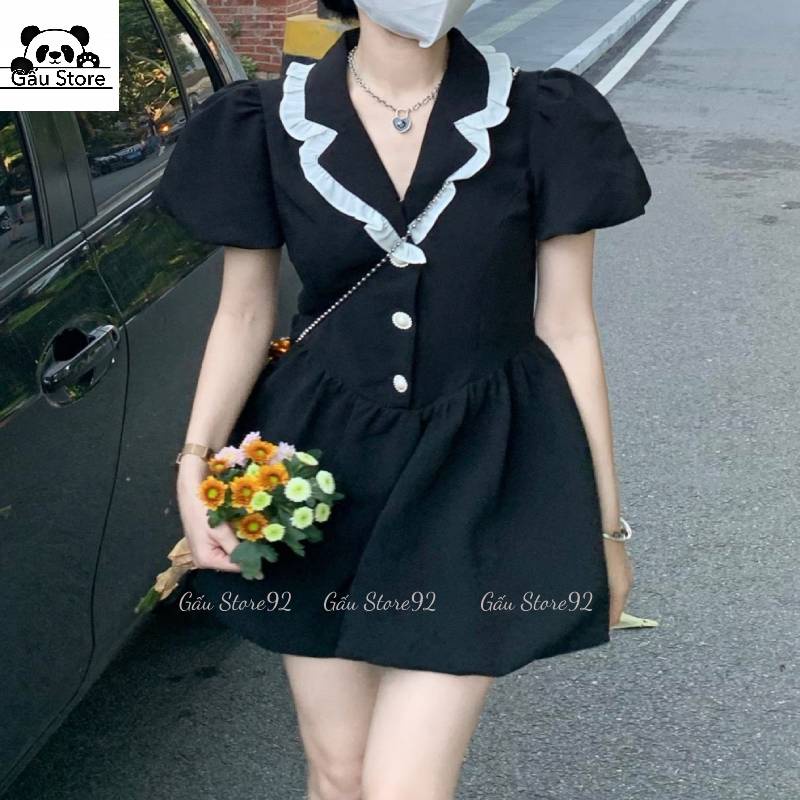 Váy đầm nữ màu đen cổ vest viền bèo tay bồng babydoll