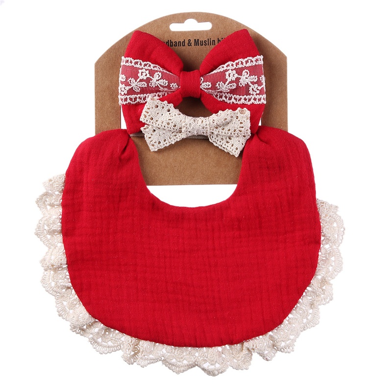 Khăn Yếm Đeo Cổ Bằng Cotton Mềm Mại Phối Ren Kèm Băng Đô Cho Bé