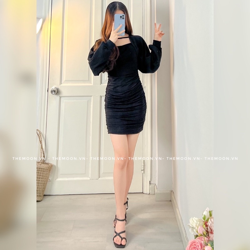 Đầm body nhún dáng ngắn mini váy ôm có sẵn mút ngực kèm áo khoác croptop tay phồng