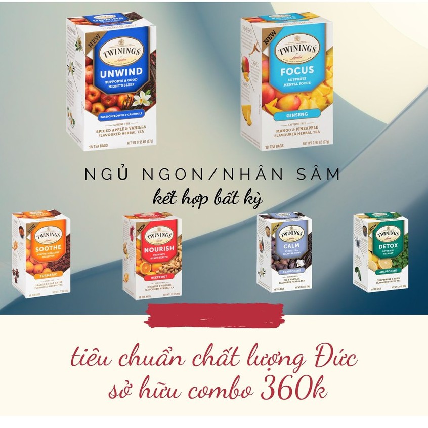 [Hàng Đức] Combo trà Twinings detox,  ngủ ngon, nhân sâm, tiêu hóa date 2023