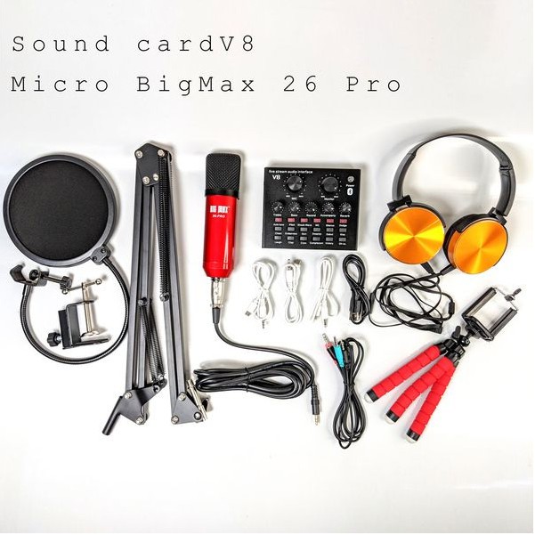 [Combo đầy đủ] Trọn Bộ Combo Micro Big Max 26 Pro + Soundcard V8 BT Giá Rẻ + Full Phụ Kiện. Bảo hành 12 tháng