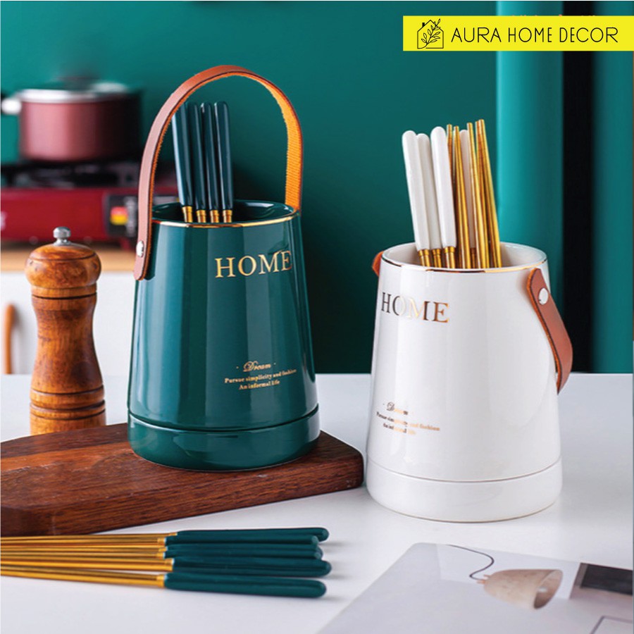 Hũ đựng đũa, thìa Home bằng sứ cao cấp có quai da tiện dụng 3 màu: Xanh cổ vịt/ Trắng/ Đen