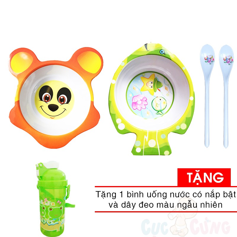 Chén cho bé tập ăn hình gấu bằng nhựa + Tô trẻ em in hình cá bằng nhựa + 2 muỗng ăn dặm cán dài TẶNG bình uống nước