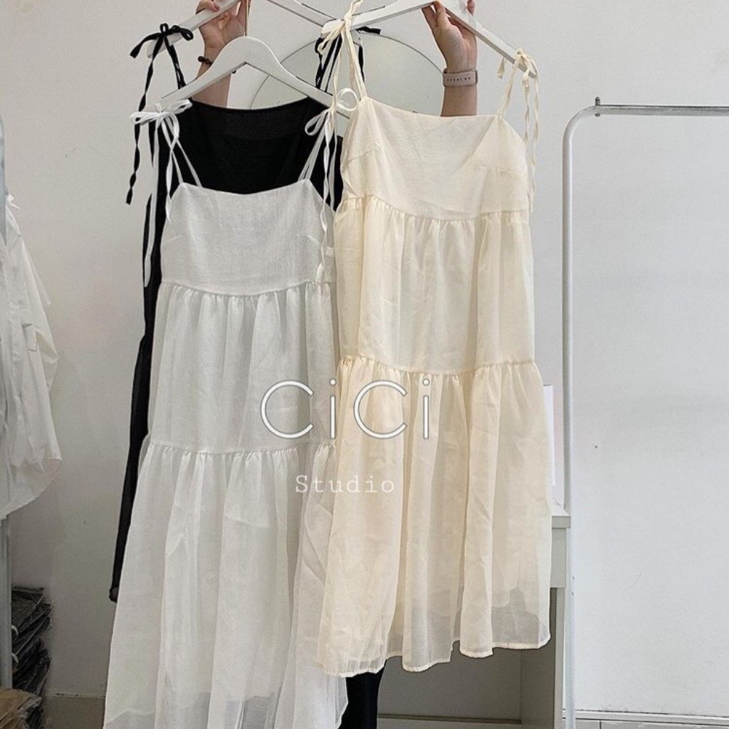 ĐẦM BABY DOLL BUỘC VAI VOAN XƯỚC CỰC XINH CÓ DÂY BUỘC VAI KIỂU DÁNG HÀN QUỐC, HAI MÀU ĐEN VÀ BE