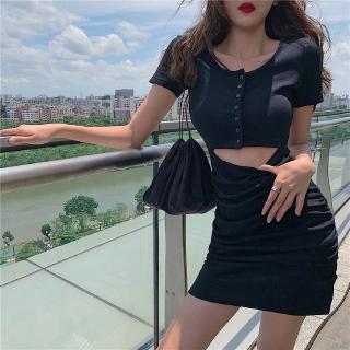 Đầm dệt kim tay ngắn cổ tròn phong cách Hàn Quốc thời trang cho nữ