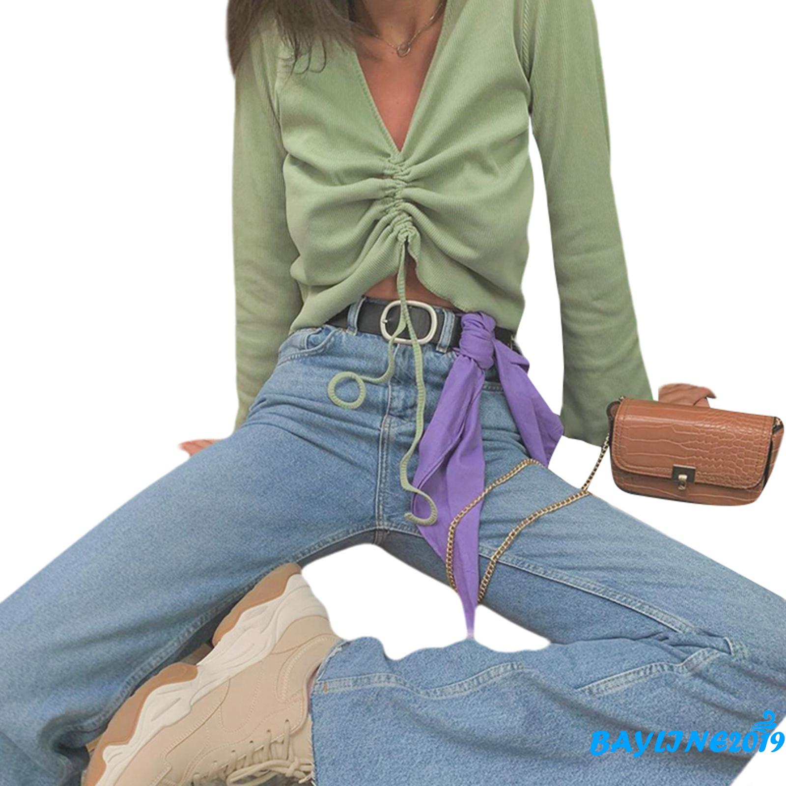 Áo crop top tay dài cổ chữ V thanh lịch màu trơn hợp thời trang có dây rút dành cho nữ | BigBuy360 - bigbuy360.vn