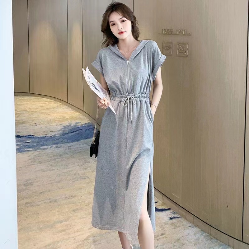 Đầm Thể Thao Tay Ngắn Màu Trơn Dáng Dài Có Nón Xẻ Tà Và Khóa Kéo Thời Trang Cho Nữ
