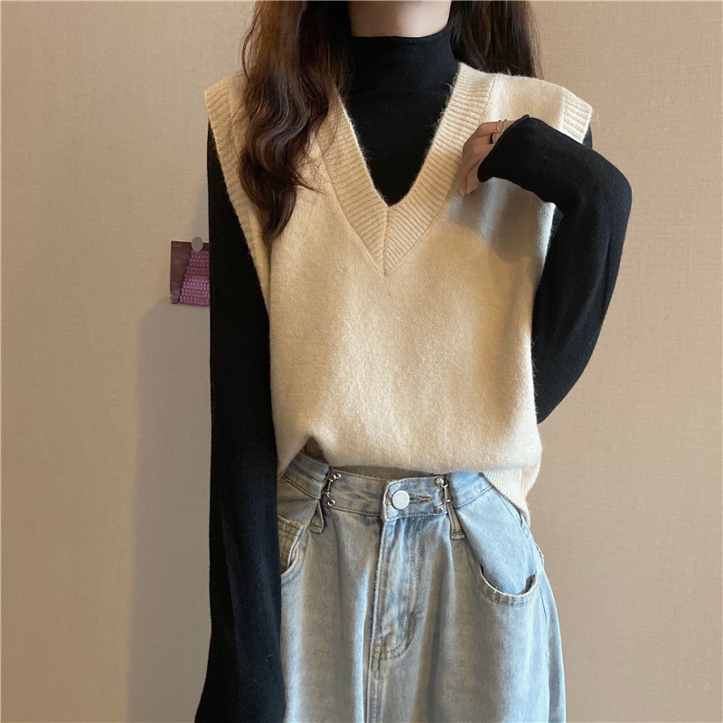 Áo khoác len không tay cổ chữ V xinh xắn thời trang | BigBuy360 - bigbuy360.vn