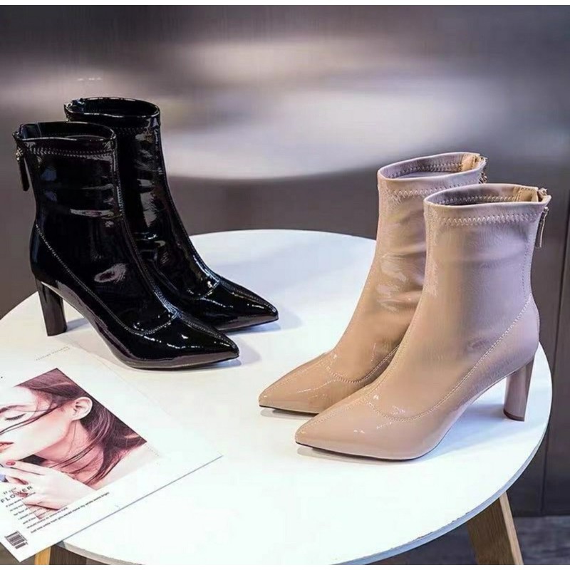 GIÀY BỐT LỬNG CHẤT DA BÓNG MỀM LÓT NỈ ẤM KHOÁ KÉO SAU GÓT DẸT (FULLBOX QC 9225)