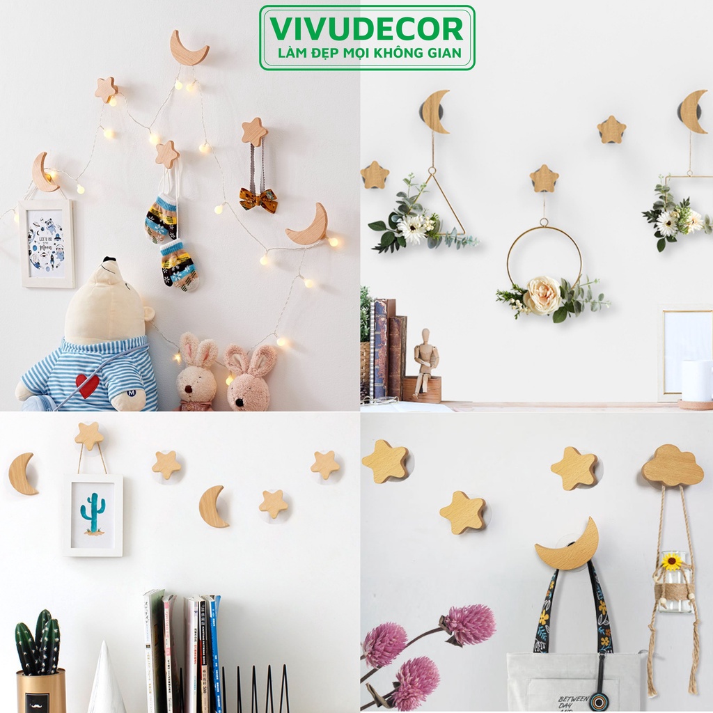 Móc treo tường Vivudecor hình mây trăng sao Móc treo quần áo vừa trang trí vừa treo đồ rất tiện ích.