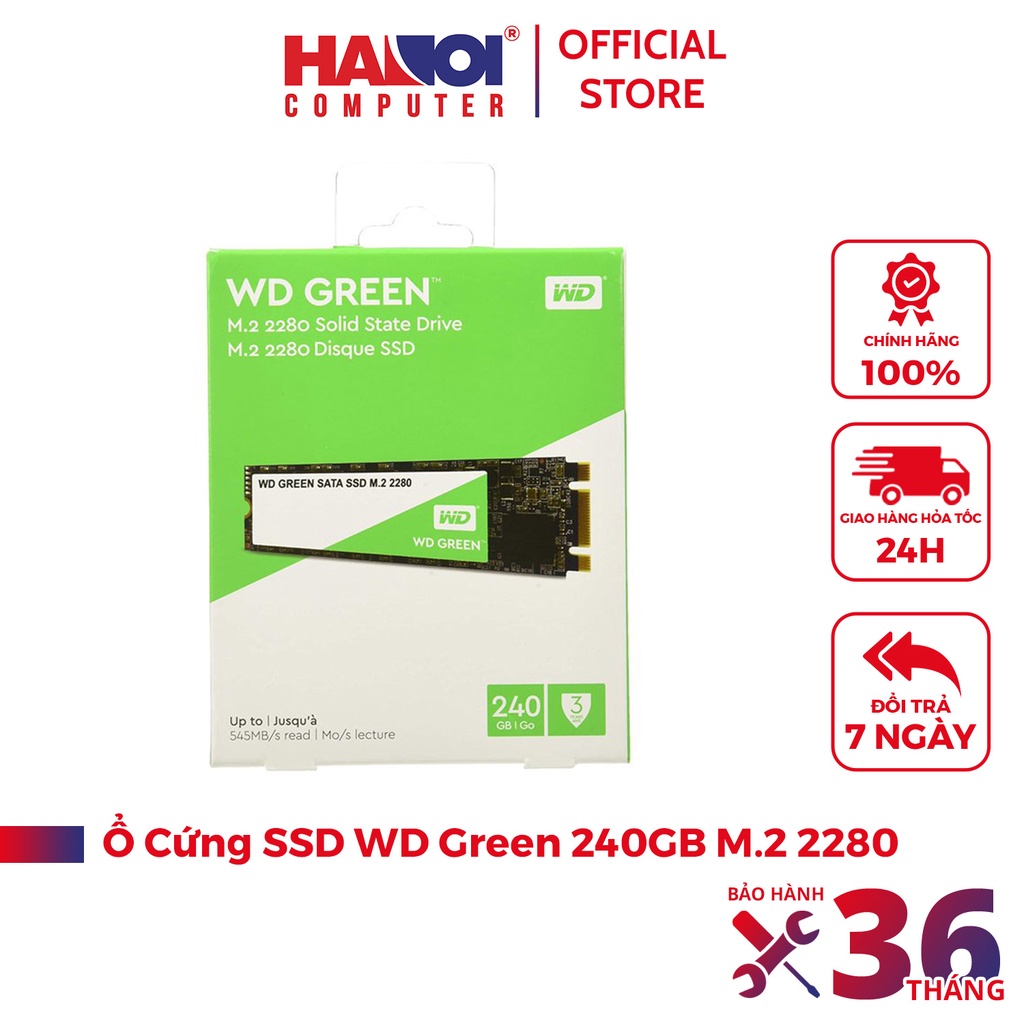 Ổ cứng SSD WD Green 240GB M.2 2280  (Đọc 545MB/s - Ghi 430MB/s) - (WDS240G2G0B)