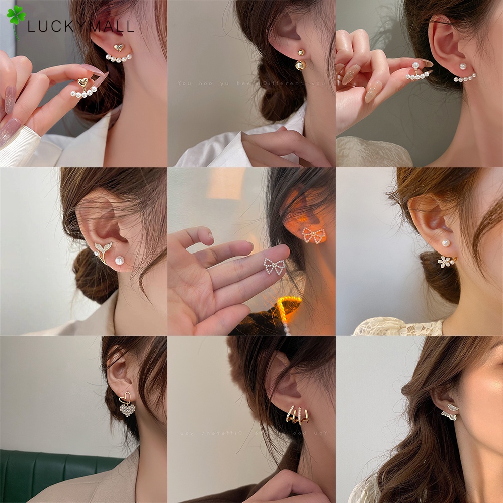 Bông tai khuyên tai nữ bạc ngọc trai pha lê thanh lịch Hàn Quốc Hoa tai trái tim bướm dành cho phụ nữ Phụ kiện trang sức