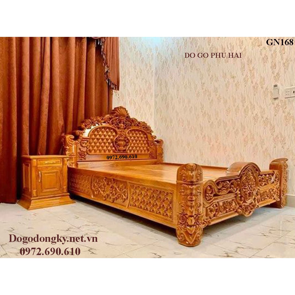 Giường ngủ hoa hồng gỗ gõ – Đồ gỗ Phú Hải GN168