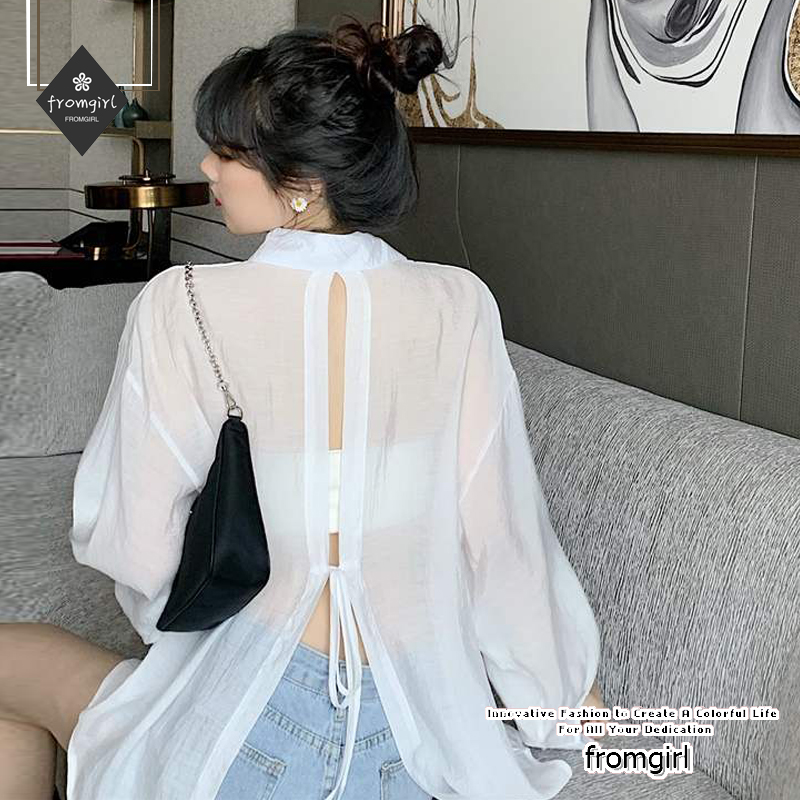 Áo sơ mi tay dài dáng rộng hở vai quyến rũ phong cách Hàn Quốc