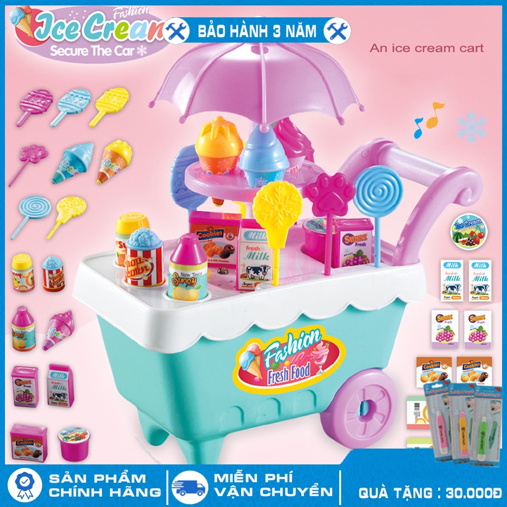 Đồ chơi trẻ em xe đẩy bán kem mini có nhạc và đèn hấp dẫn cho bé vui chơi
