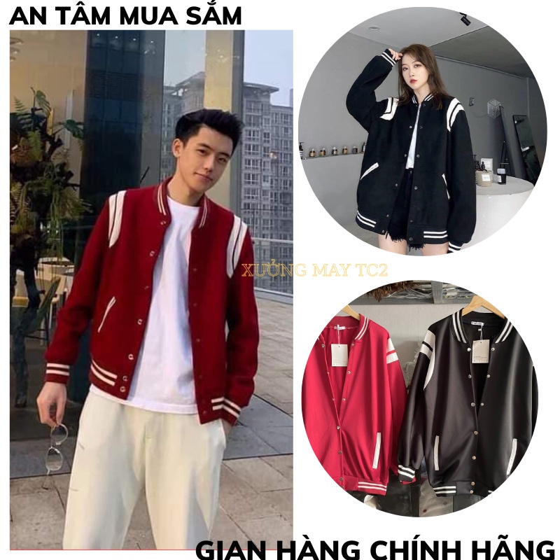 Áo Khoác Bomber Vải dài mịn Vai Phối sọc Cúc Bấm Cho Nam Nữ đen viền trắng ⚡️ MẪU HÓT ⚡️ Áo Bóng Chày Dài Tay nỉ