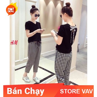 Sét đồ nữ Áo kẻ cột nơ quần kẻ karo - StoreVav