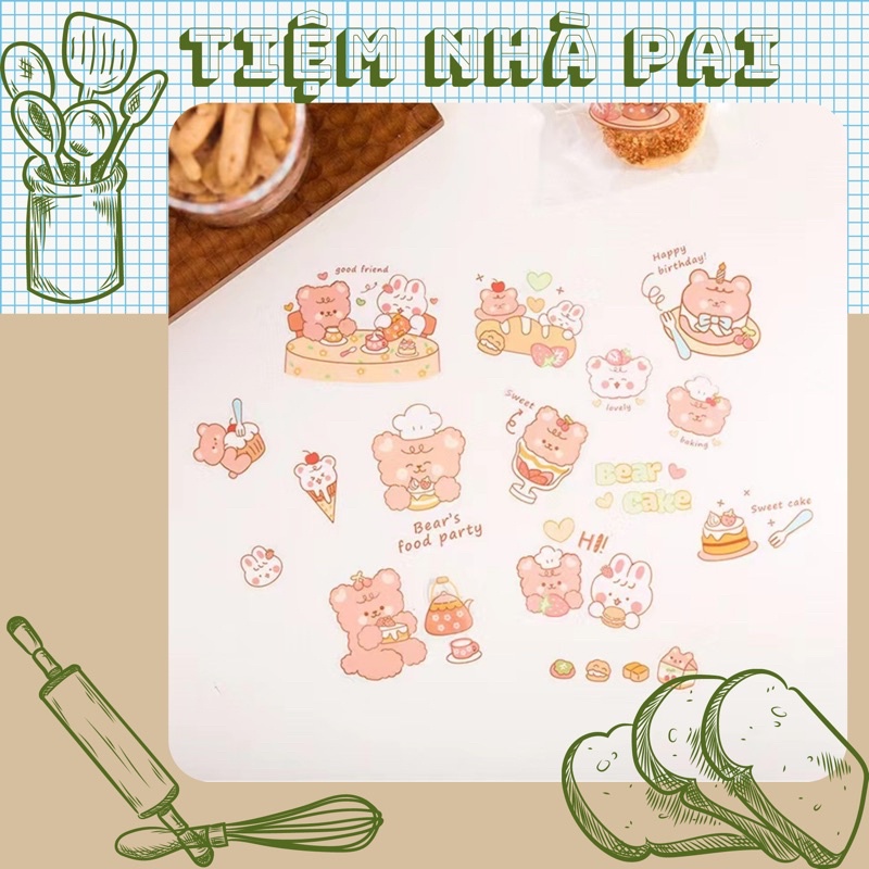 Set 140 tick dán hoạ tiết bear cake cute, tick dán túi giấy hộp nhựa xinh xắn