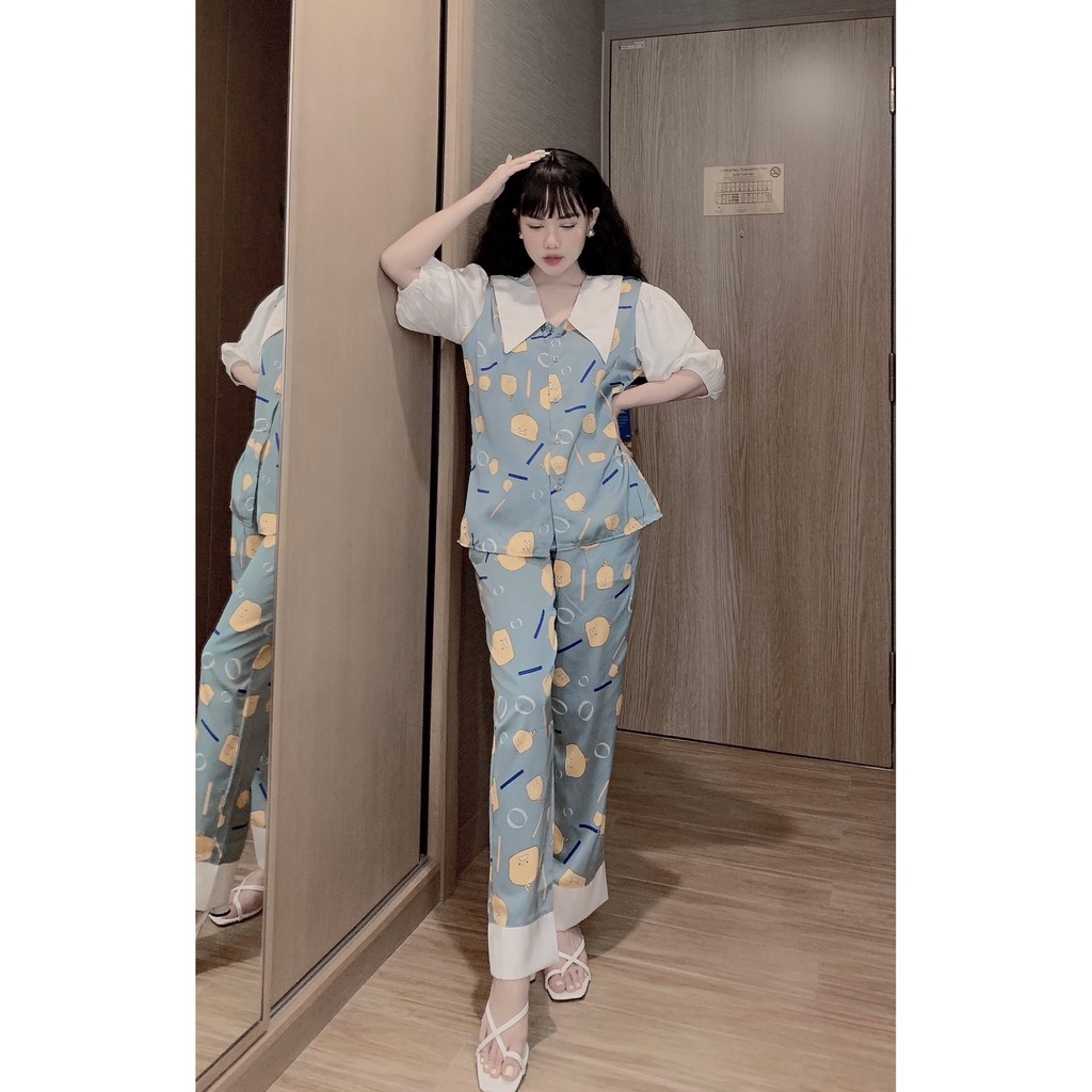 Bộ Pijama Nữ 🔥FREESHIP🔥  Bộ Mặc Nhà Cổ Vạt Thời Trang - Bộ Ngủ Lụa Satin Tay Lỡ Phối Ren SP27