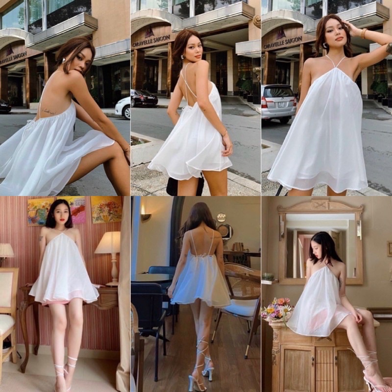 Đầm Trắng NEPHE DRESS xinh như nàng thơ chất vải voan 2 lớp dày dặn thiết kế 2 dây hở lưng quyến rũ