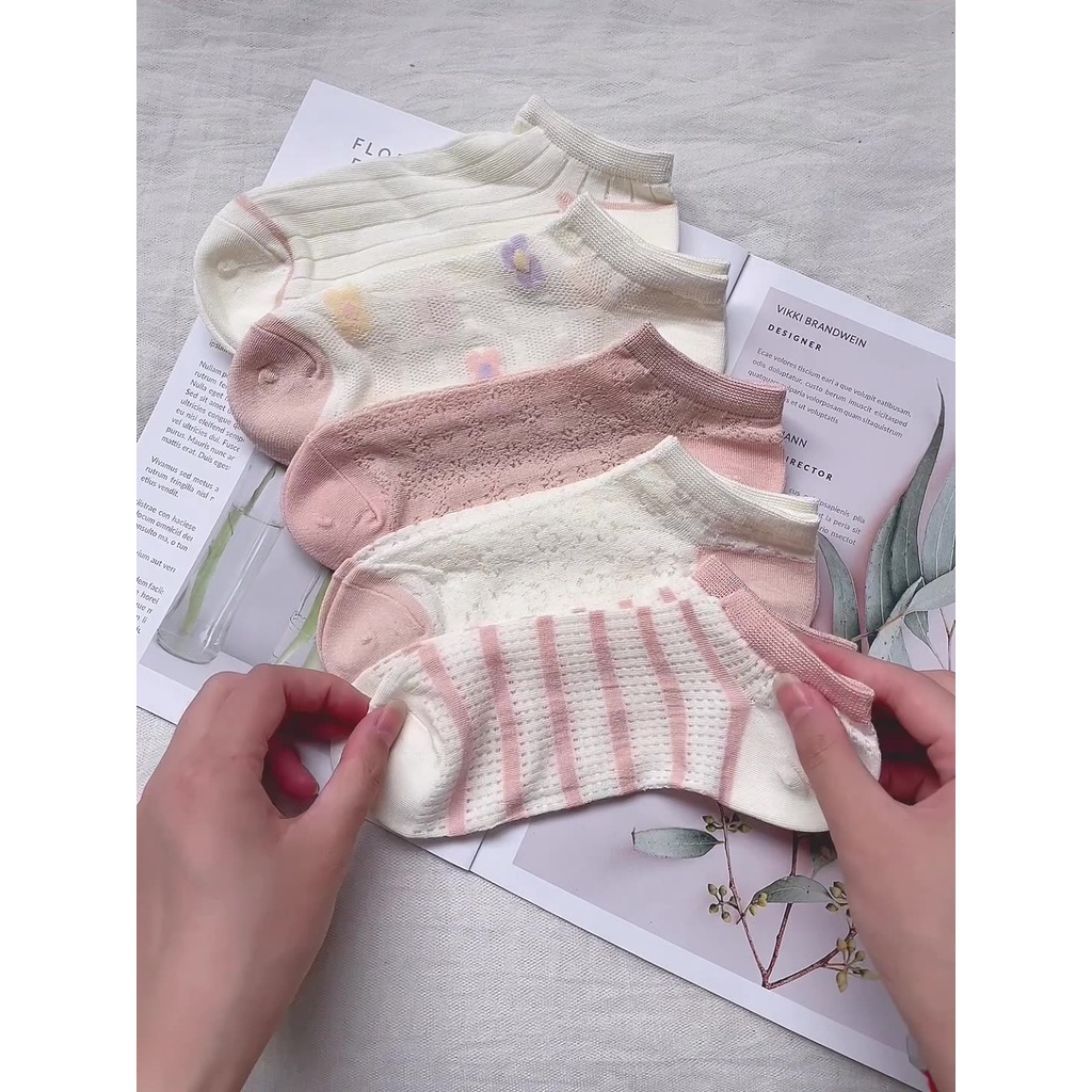 Set 5 đôi - Vớ nữ cổ ngắn vớ cotton co giãn loại dày xịn tone màu cam trắng