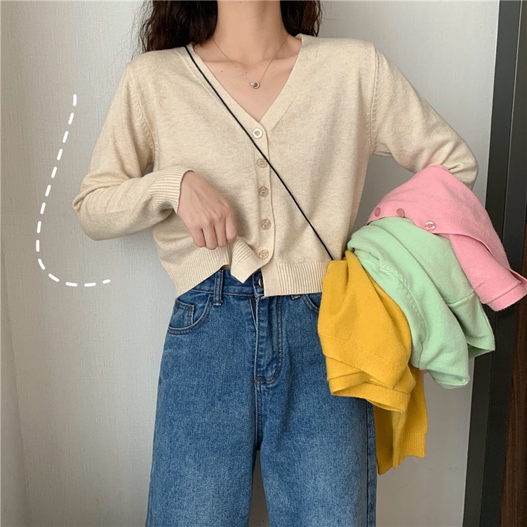 Áo Khoác Cardigan Dệt Kim Cổ Tim Xinh Xắn Cho Nữ