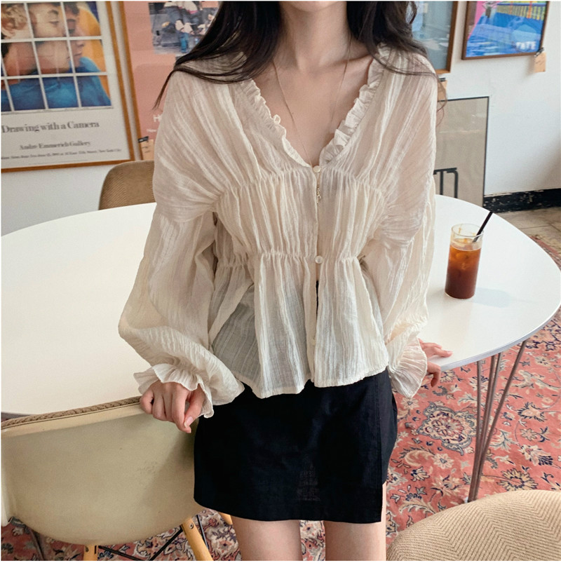 SUXI Áo kiểu màu trắng tay dài cổ chữ V thời trang Hàn Quốc thanh lịch