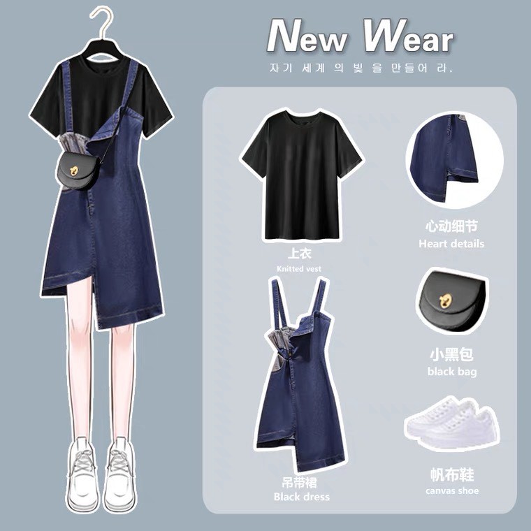 Set Trang Phục Mùa hè Áo Thun + Váy Dây Denim Dành Cho Các Bạn Nữ-Có Size