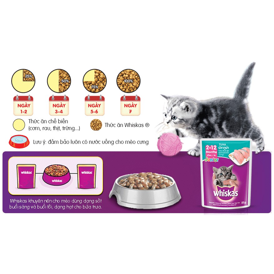 Bộ 6 túi thức ăn mèo con Whiskas vị cá ngừ 85g