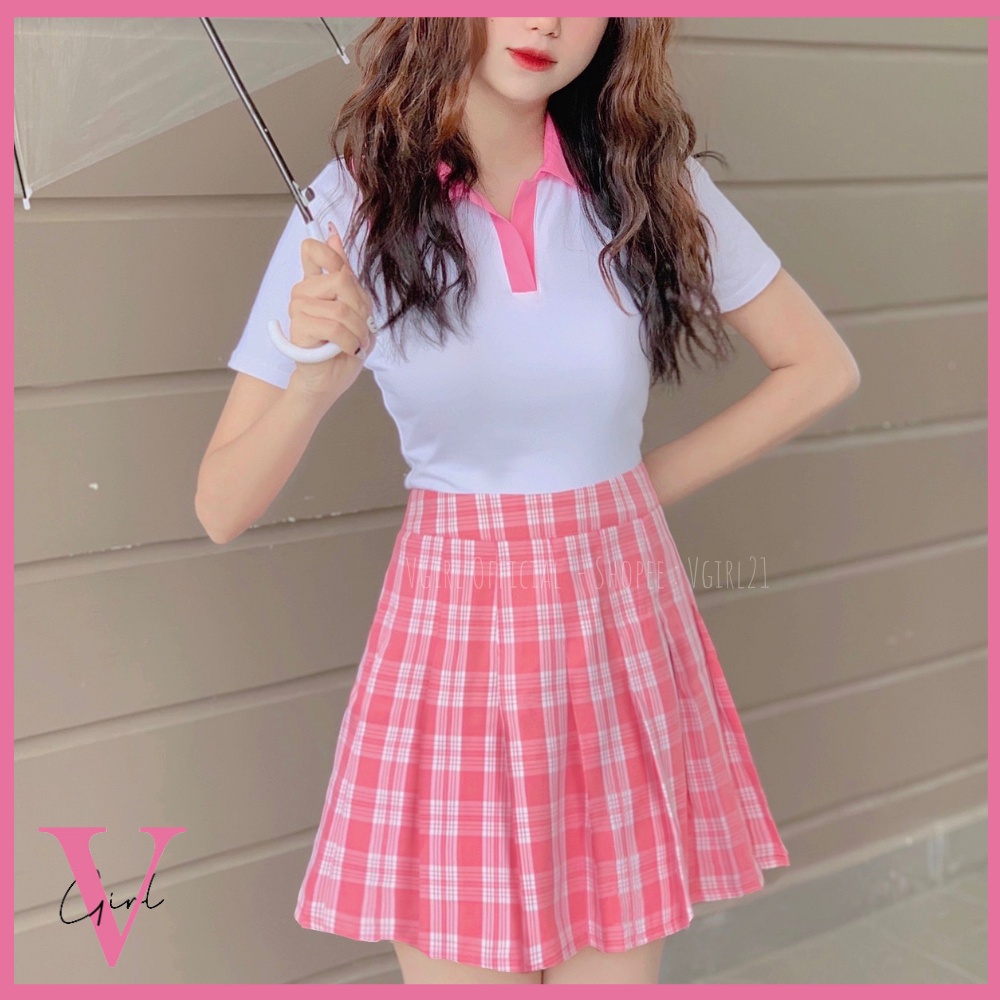 Chân váy xếp ly xoè caro nữ VGIRL lưng cao có nhiều màu dáng chữ A