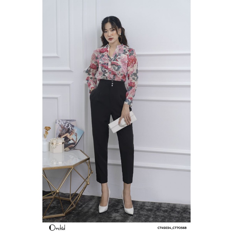 Áo sơ mi nữ dài tay họa tiết hoa hồng, cổ bèo nữ tính. Vải lụa cao cấp - Orchid CT4S034