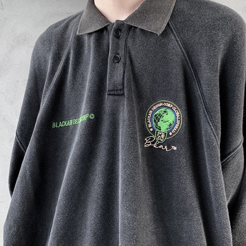 Áo nỉ polo sweater Rockboiz màu đen wash