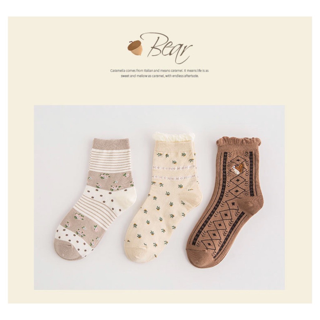 Set 3 Đôi Tất cổ cao Bivota vớ nữ hoa nhí hinh sóc siêu cute T95