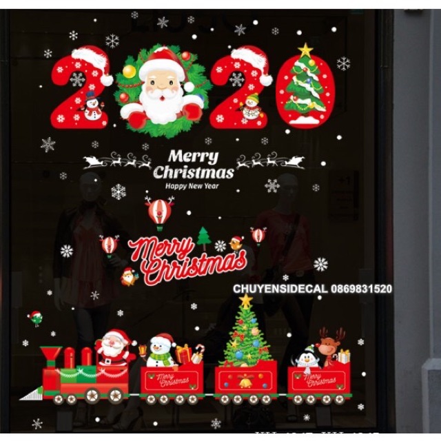 Combo decal dán tường Noel - 2020 kết hợp Xe đoàn đỏ ( 2 tấm )