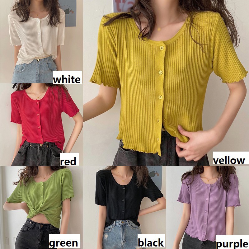 Áo Cardigan cổ chữ O ngắn tay đính nút thời trang cho nữ giới