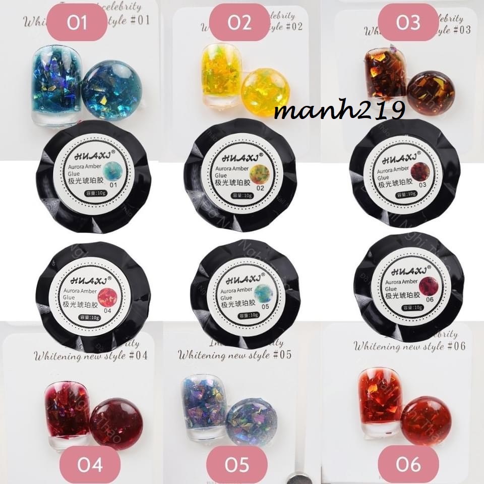 Set Nhũ Hổ phách, Khổng Tước 6 Hũ Huaxi Siêu Sáng Nail [ Tặng Bảng Màu ] manh219