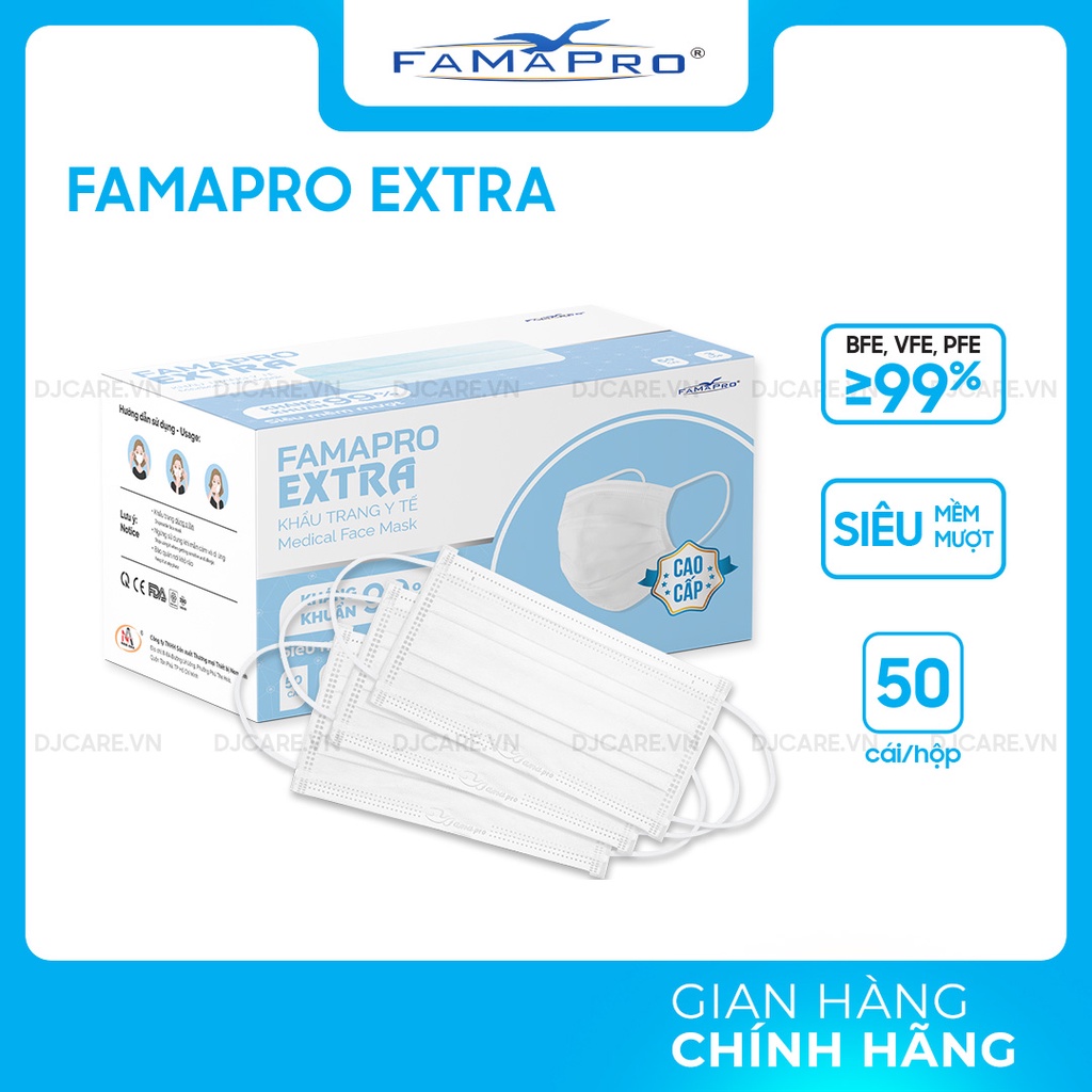 [Fampro Extra- HỘP 50 CÁI] Khẩu trang y tế kháng khuẩn 4 lớp Famapro Extra