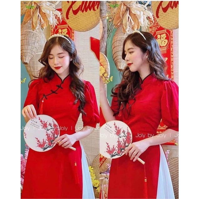 Set áo dài đỏ cổ tàu kèm chân vây midi trắng dập ly dáng dài lưới