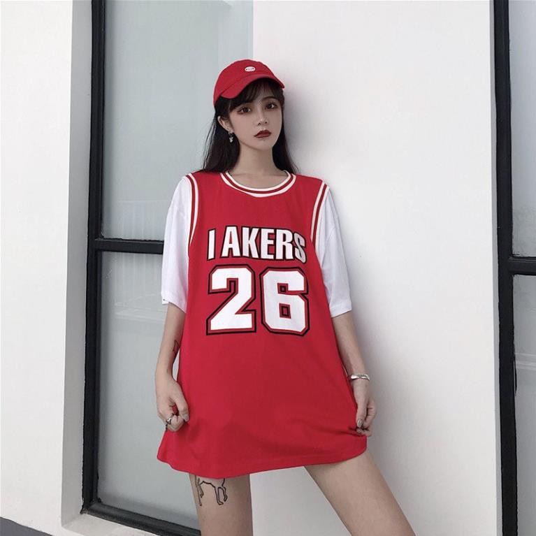 Áo phông form rộng unisex cổ tròn phối tay bóng rổ số 26 thời trang ulzzang (đen, đỏ) n7clothings  ྇