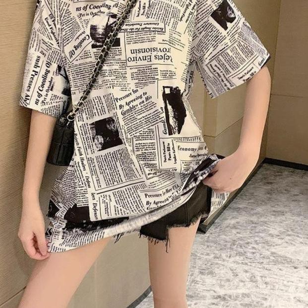 ♕ Set Áo Thun Và Quần Dài Họa Tiết Tờ Báo Thời Trang Cho Nữ ✤