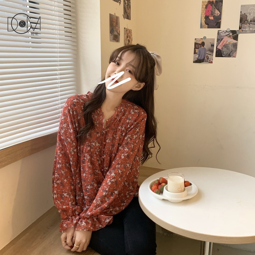 Áo Sơ Mi Dài Tay Họa Tiết Hoa Xinh Xắn Theo Phong Cách Retro Hàn Quốc | BigBuy360 - bigbuy360.vn