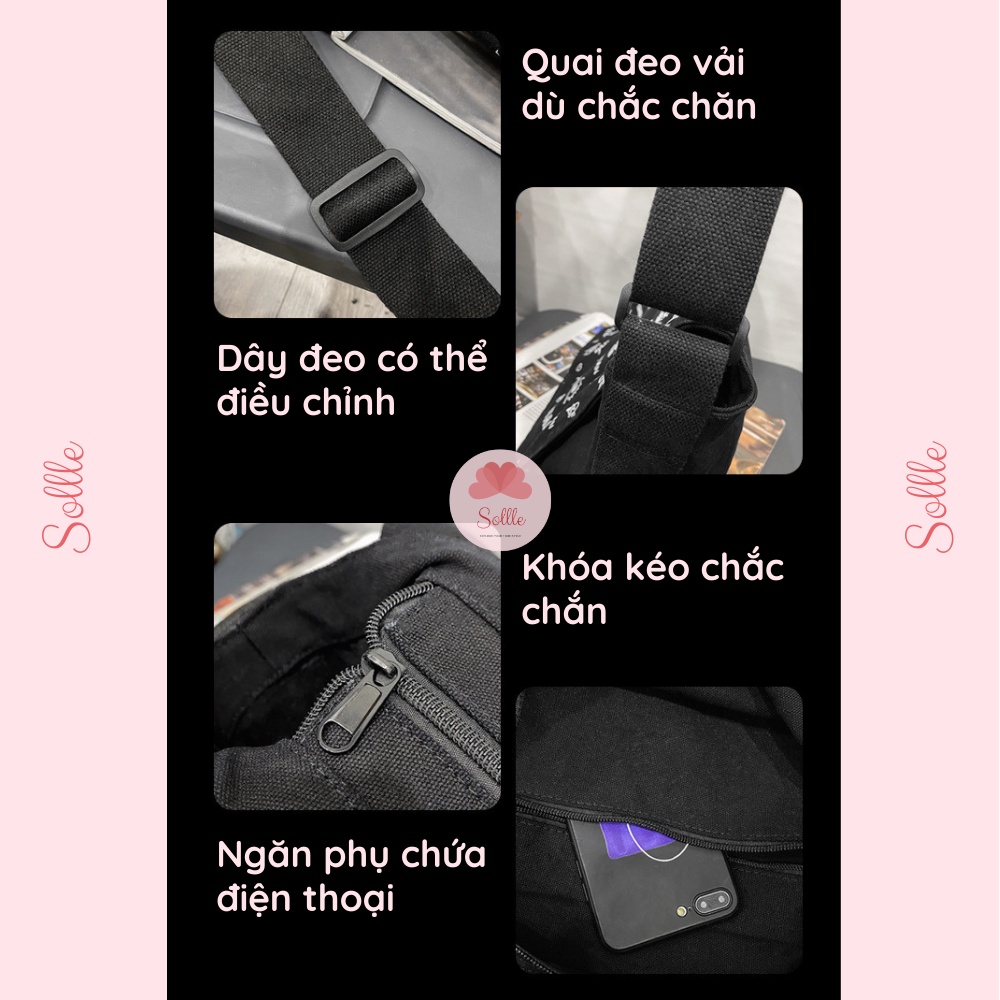 Túi tote đeo chéo nam nữ đi học vải canvas cặp đeo vai unisex ulzzang hoạt hình Sollle