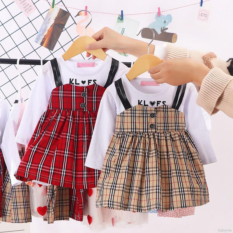 Babyme Children Girls Plaid Print Fake Two Piece Bottoming Long Sleeved Sweet Princess Dress