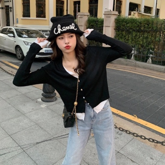 Áo len ZHELIHANGFEI tay dài cổ chữ V giả hai lớp thời trang dễ phối đồ