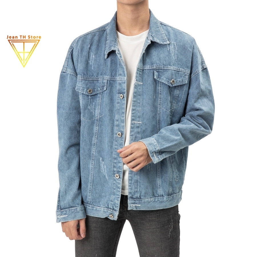 Áo khoác jean unisex nam nữ TH Store màu bò xanh cào xước phong cách ulzzang - Hàng mới về