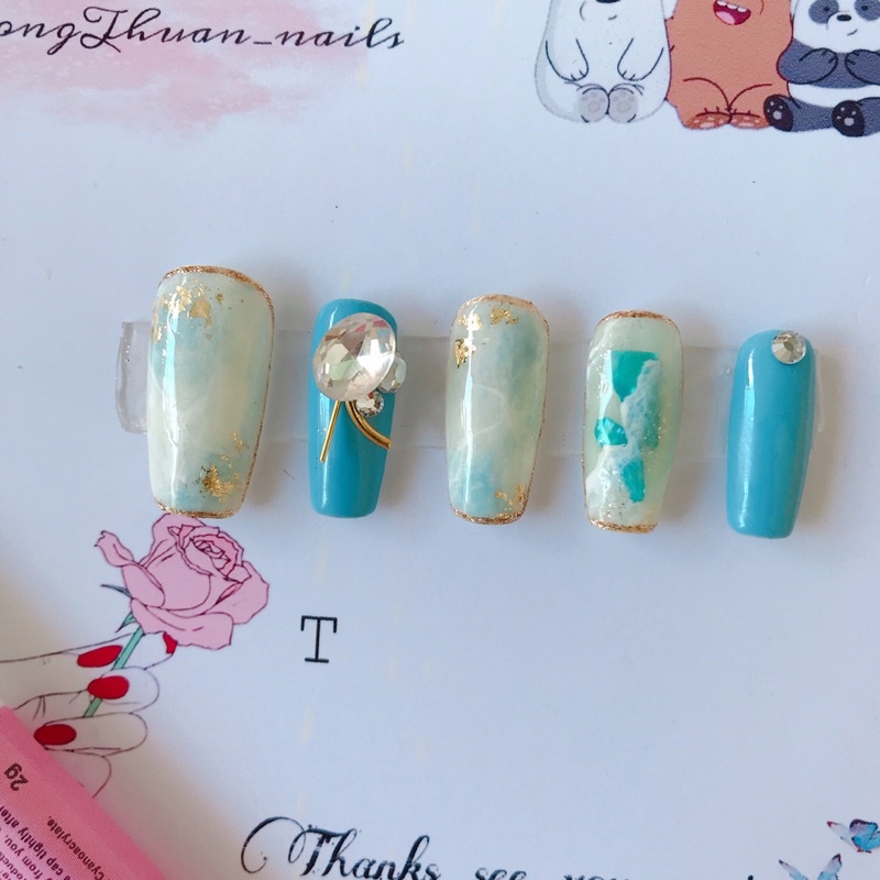 nailbox.móng up thiết kế vân đá cẩm thạch xanh ẩn xà cừ đính đá (kèm keo và dũa)